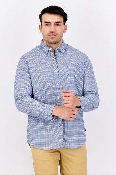Nautica Men Classic Fit Checkered Long Sleeves Casual Shirts, White/blue