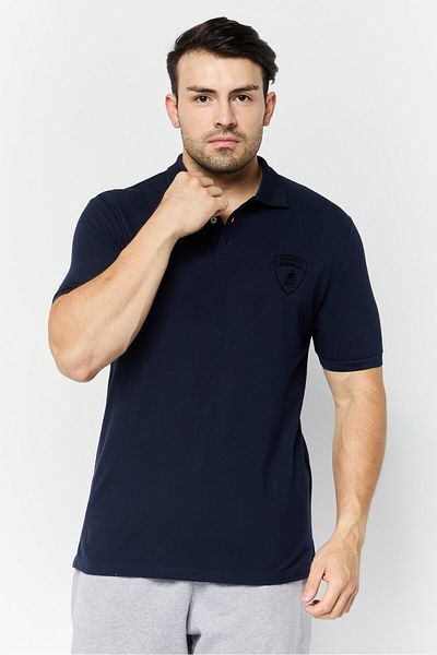 Lamborghini Men Regular Fit Brand Logo Short Sleeves Polo Shirt, Navy