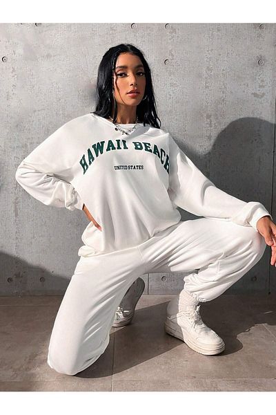 CLAYES Σετ φόρμας Hawaii Beach Sweatshirt Jogger - White Printed Oversize Crew Neck