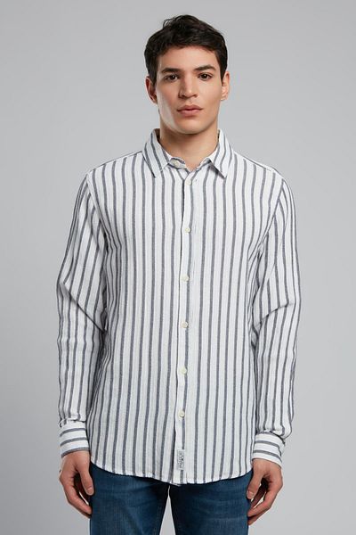Lee Cooper Olezka Men's Sleeve Woven Shirt Ecru-Navy Blue