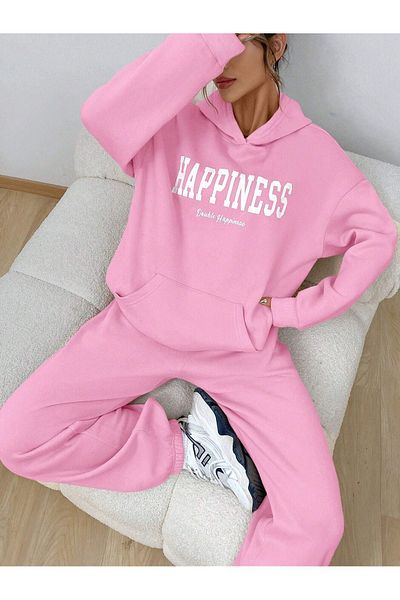 DUBU BUTİK Σετ αθλητικής φόρμας Happiness Φούτερ Jogger - Ροζ εμπριμέ Oversize Raised Hooded