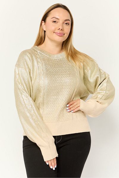 Esprit Women Round Neck Textured Long Sleeves Crop Sweatshirt, Gold
