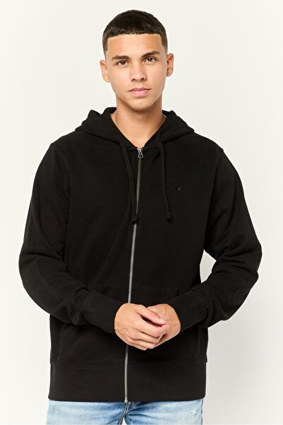 AMERICAN EAGLE سويت شيرت رجالي بغطاء رأس وأكمام طويلة وسحاب كامل، أسود