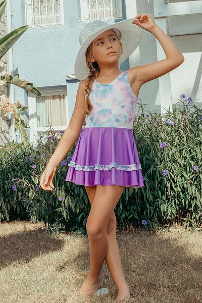 Little Pumpkin Girl's Skirted Lilac Tie-Dye Swimsuit (It Is Recommended to Buy 1 Size Larger)