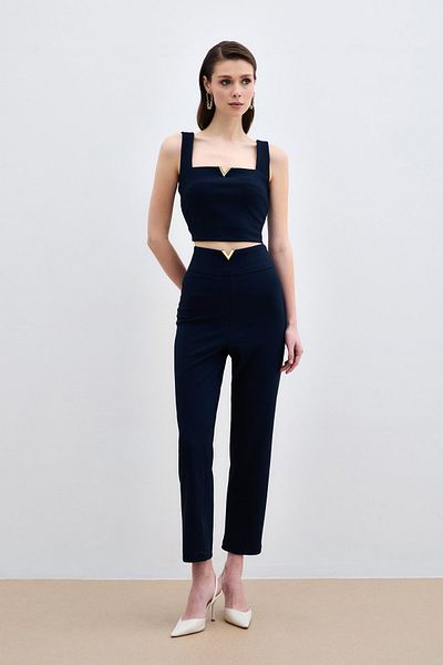 Sateen Dark Blue Pants with Waist Accessories