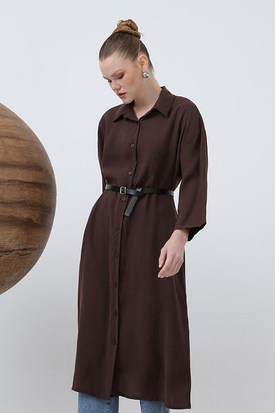 Loreen Women's Long Belt Detailed Shirt Dress - 20629Elb - Brown