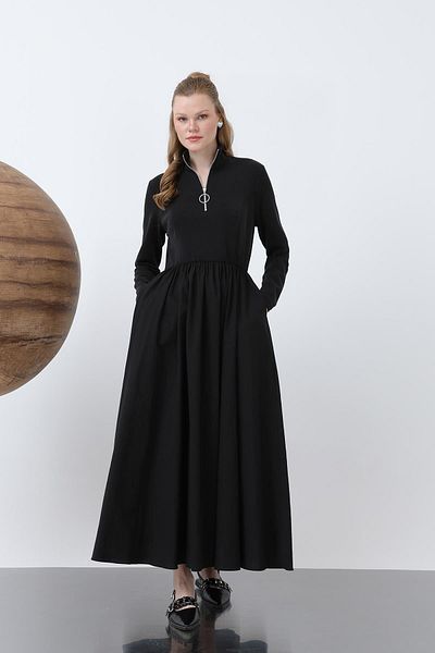 Loreen Women's Waist Gathered Collar Zipper Detailed Dress - 20607Elb - Black