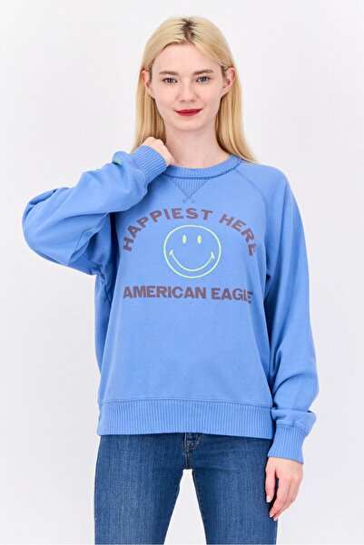AMERICAN EAGLE Women Ribbed Collar Long Sleeves Embroidered Sweatshirt, Sage