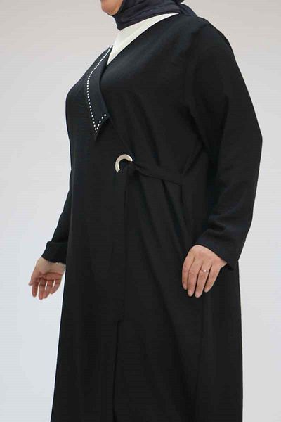 Eslina 53002 Large Size Double Breasted Collar - Collar Stone Trench Coat - Black