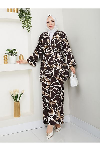 MODAMERSİ Women's Brown Ecru Viscose Fabric Belted Kimono Pants Set of Two