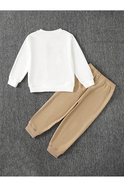 DUBU BUTİK California Cotton Kids Set - White Sweatshirt, Beige Jogger, Printed Girls Boys Crew Neck