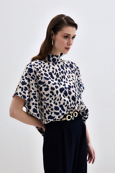 Sateen Bat Sleeve Casual Blouse - Beige-Navy Blue