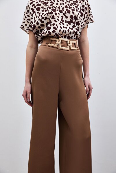 Sateen Bel Kemerli Saten Krep Pantolon - Camel