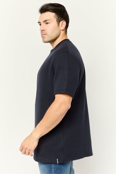 Threadbare Men Ribbed Neck Short Sleeves Herringbone T-Shirt, Navy