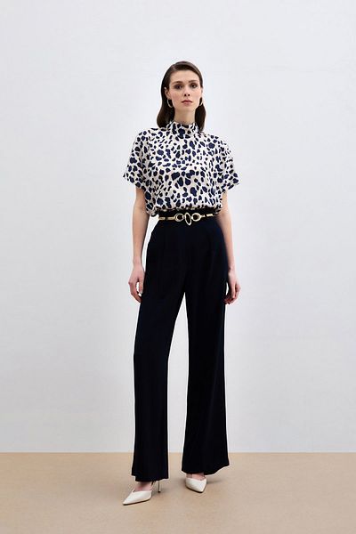 Sateen Bat Sleeve Casual Blouse - Beige-Navy Blue