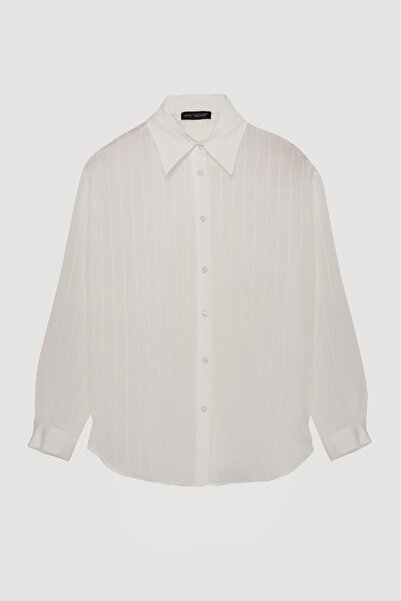Quzu İnce Çizgili Düğmeli Oversize Gömlek