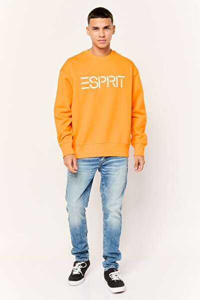 Esprit Men Ribbed Collar Long Sleeves Allover Print Sweatshirts, Orange