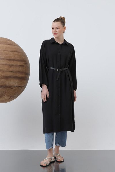 Loreen Women's Long Belt Detailed Shirt Dress - 20629Elb - Black