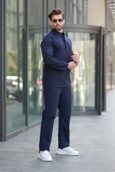 Madmext Navy Blue 100% Cotton Linen Men's Shirt Suit E7310