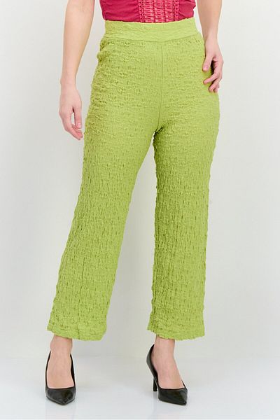 MANGO Woman Women Regular Fit Wide Leg Textured Palazzo Pants, Lime Green
