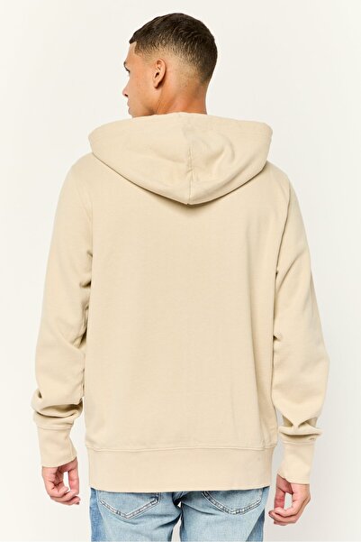 AMERICAN EAGLE Men Brand Logo Long Sleeve Hoodie, Beige