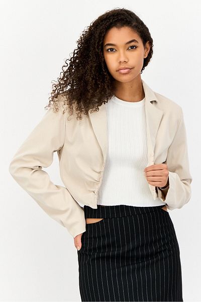 Missyempire Women Regular Fit Solid Semi Formal Cropped Blazer, Beige