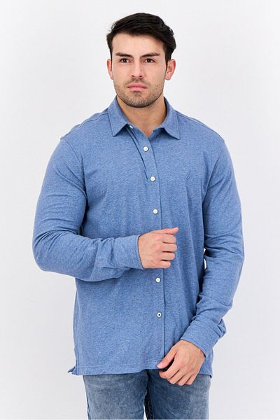 Nautica Men Classic Fit Embroidered Logo Long Sleeves Casual Shirt, Heather Blue