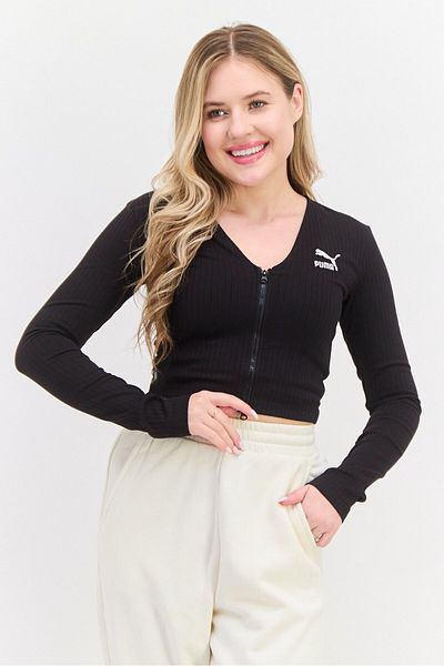 Puma Women Sportswear Fit Long Sleeves Embroidered Logo Outdoor Top, Black