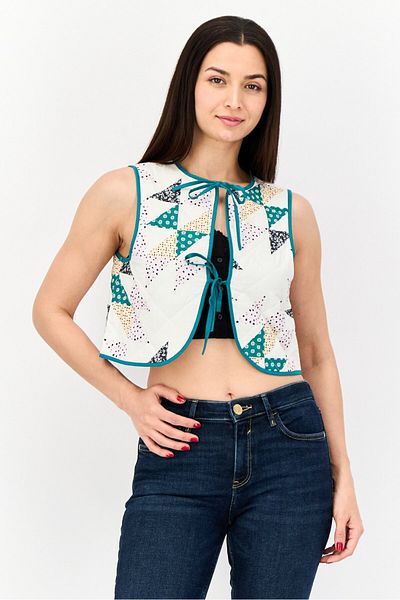 Reclaimed Vintage Women Tie Neck Sleeveless Allover Print Quilted Gilet Top, Off White