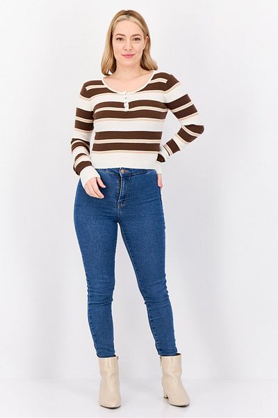 No Comment Women Round Neck Long Sleeves Yarn Dye Sweater, Multicolor