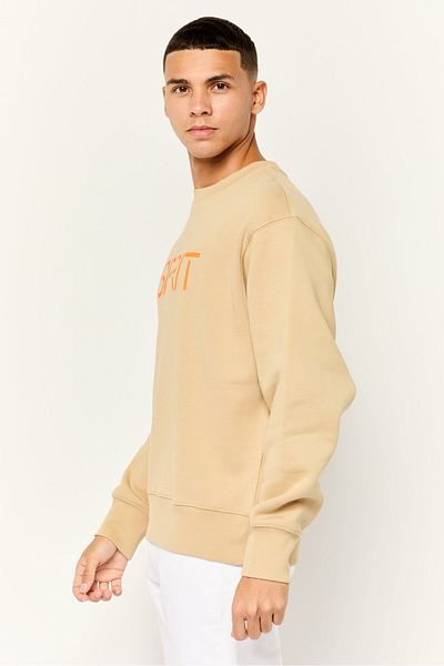 Esprit Men Ribbed Collar Long Sleeves Brand Logo Sweatshirts, Tan