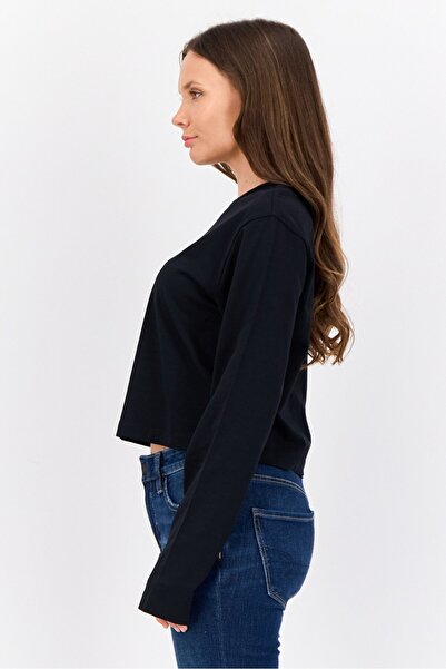 Esprit Women Crew Neck Long Sleeve Long Sleeve Brand Logo T-Shirts, Black