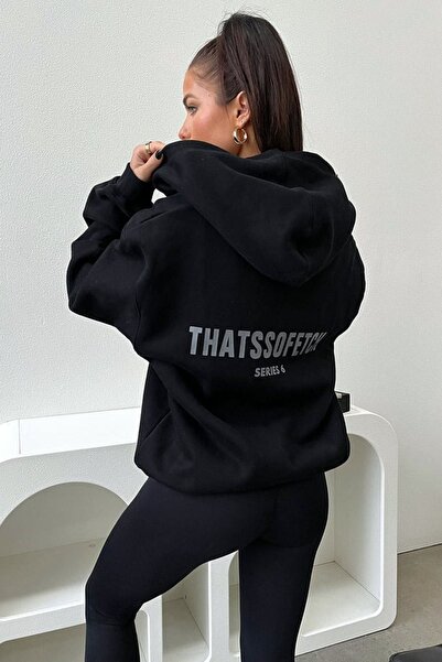 DUBU BUTİK Thatssofetch S6 Oversize Hooded Black Cardigan - Printed