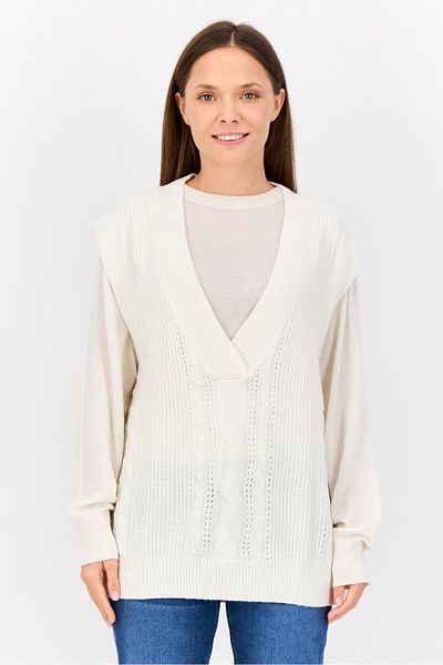Esprit Women V-Neck Cable Knitted Sweater, Off White
