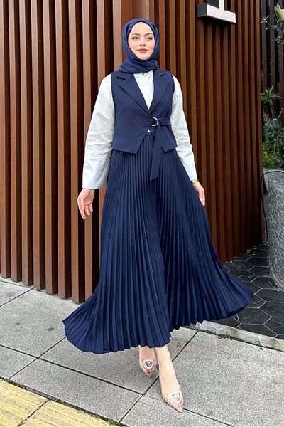 Ovn. Vest Skirt Pleated Suit - Navy Blue