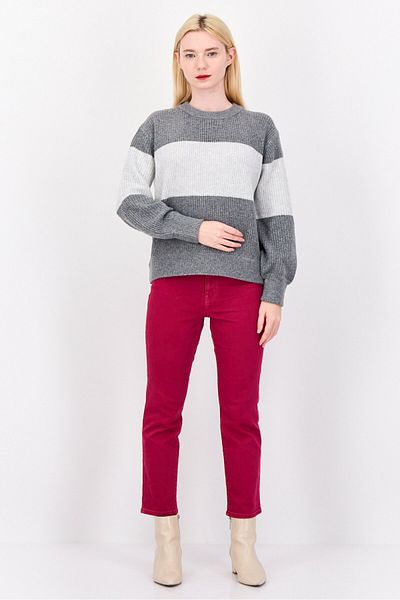 PİNK ROSE Women Ribbed Collar Long Sleeves Knitted Sweaters, Grey