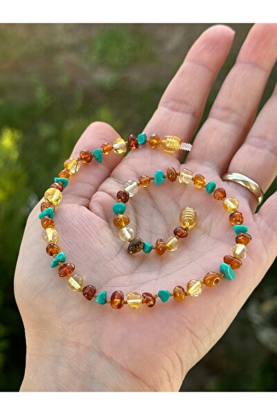 KEHRİBAREVİ EREĞLİ Damla Kehribar Bebek Kolyesi Firuze Kombinli