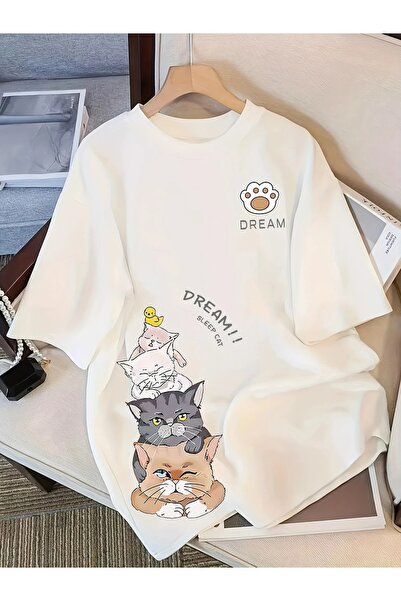 LAND MODA Tricou grafic „Dream” pentru femei - Design drăguț de pisică și raț...