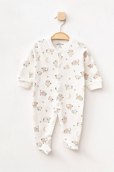 Aziz Bebe Baby Boy Snap Fastener Lamb Patterned Booties Jumpsuit 0 Month - 6 Month