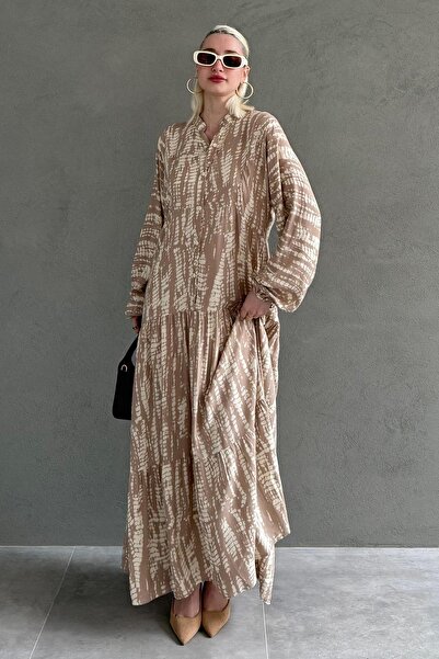 Madmext Bej Desenli Önü Düğmeli Uzun Kollu Elbise MG2398