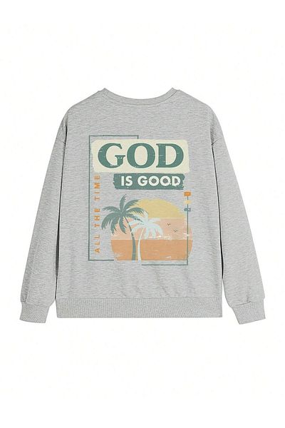 DUBU BUTİK God Is Good Χειμερινό χοντρό φούτερ - Γκρι εμπριμέ χοντρό χειμερινό λαιμόκοψη