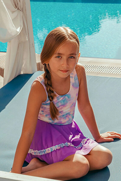 Little Pumpkin Girl's Skirted Lilac Tie-Dye Swimsuit (It Is Recommended to Buy 1 Size Larger)