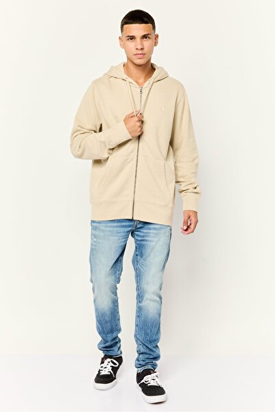 AMERICAN EAGLE Men Brand Logo Long Sleeve Hoodie, Beige