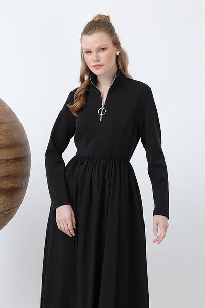 Loreen Women's Waist Gathered Collar Zipper Detailed Dress - 20607Elb - Black