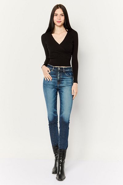 No Comment Women Surplice Neck Knitted Sweater, Black