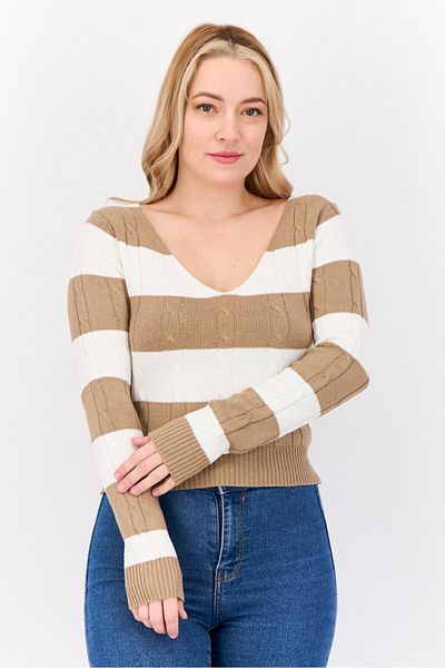 No Comment Women V Neck Stripe Knitted Sweater, Multicolor