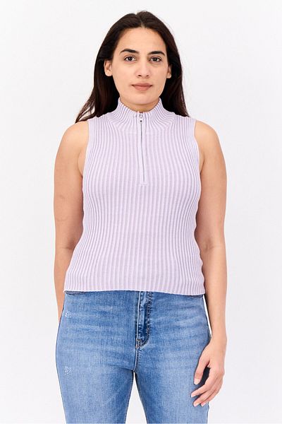 No Comment Women Mock Neck Sleeveless Ribbed Tank Top, Purple