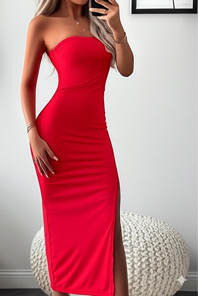 NO 601 Women's Red Strapless Sandy Fabric Midi Dress with Slit Detail