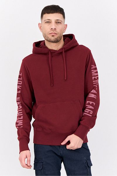 AMERICAN EAGLE Men Graphic Print Long Sleeves Hoodie, Maroon