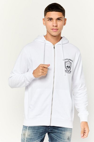 GAZZARRİNİ Men Brand Logo Full Zip Hooded Sweatshirt, White